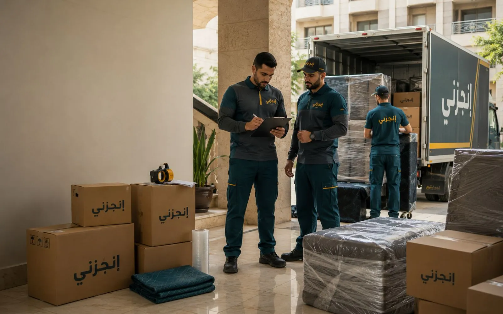 فريق إنجزني أثناء تنظيم عملية نقل وتغليف العفش